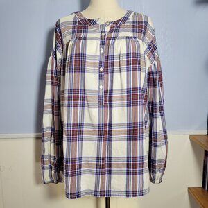 Every Moment XXL White Red Blue Button Up Longsleeve Lightweight Plaid Blouse